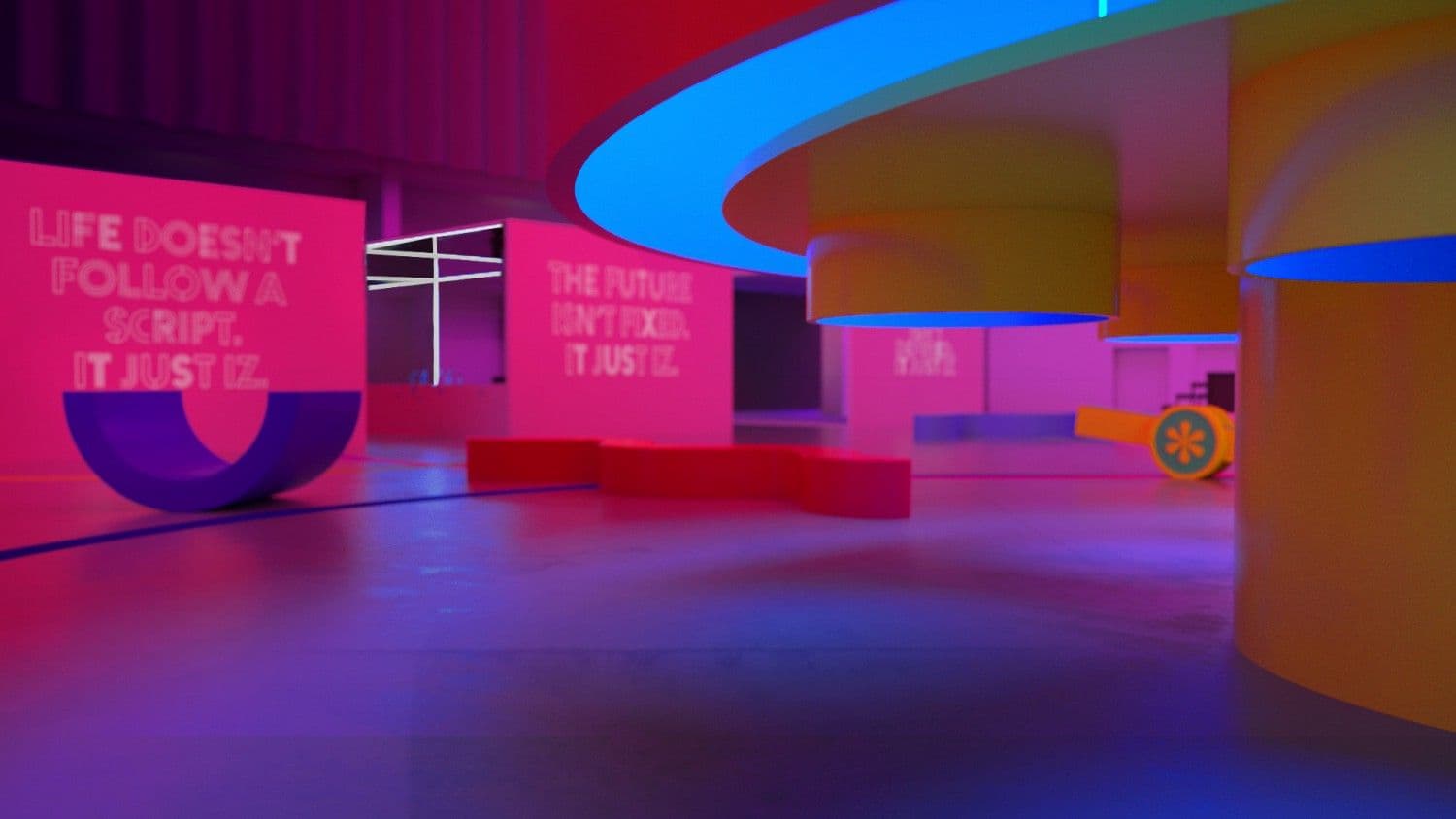 Pink corridor with wall text reading "LIFE DOESN'T FOLLOW A SCRIPT, IT JUST IZ" and a neon blue frame beyond.